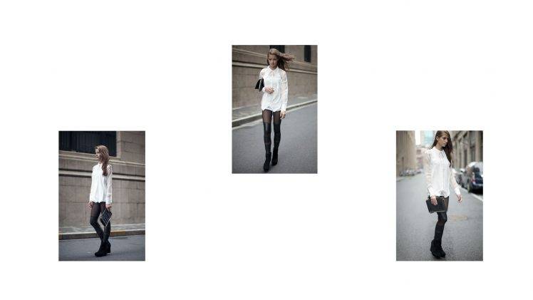 model, Brunette, Blouses, Leggings, Tights, Boots, Purses, Street HD Wallpaper Desktop Background