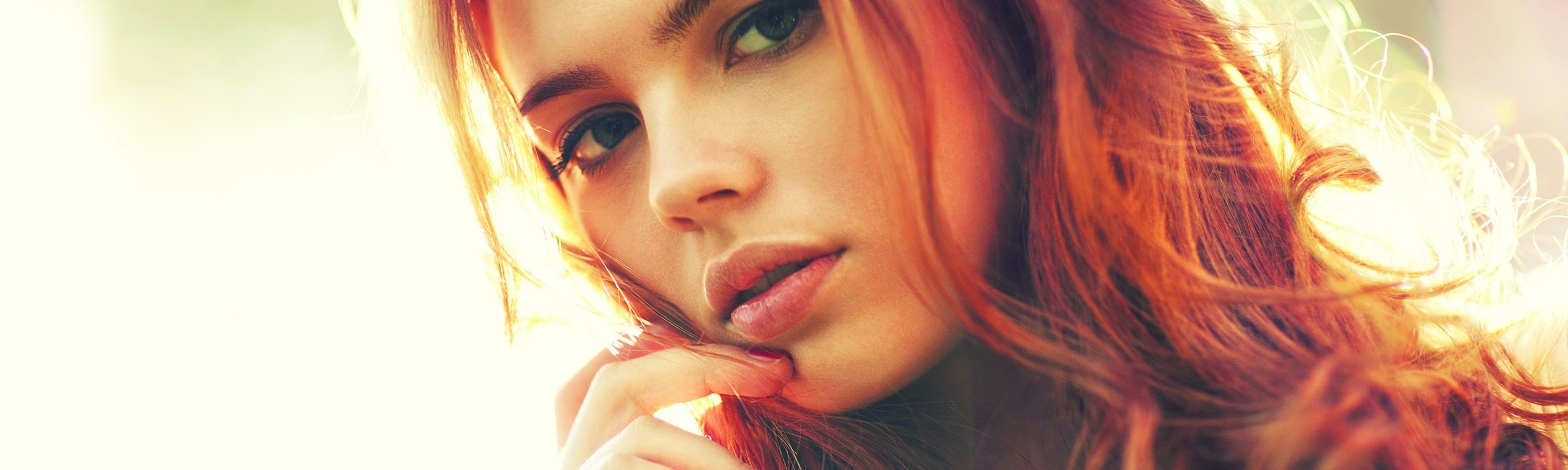 redhead, Lips, Green Eyes, Sunny, Multiple Display, Face Wallpaper