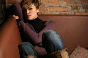 Keira Knightley, Brunette, Brown Eyes, Jeans, Sweater, Short Hair, Boots, Sitting, Couch, Pants
