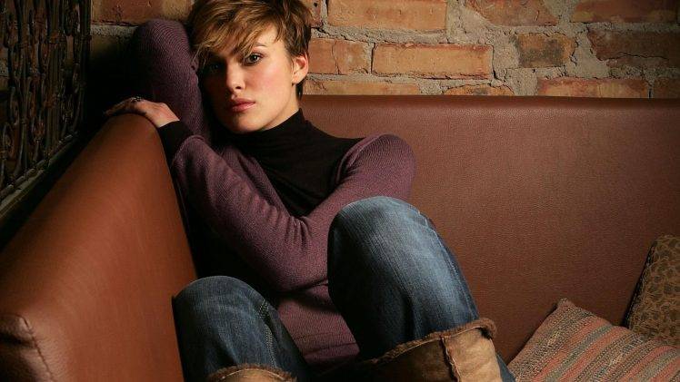 Keira Knightley, Brunette, Brown Eyes, Jeans, Sweater, Short Hair, Boots, Sitting, Couch, Pants HD Wallpaper Desktop Background