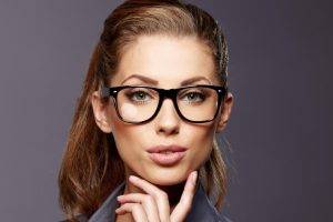 glasses, Women, Simple Background, Closeup, Brunette