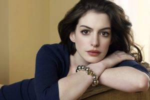 brunette, Anne Hathaway, Blue Dress, Relaxing, Couch, Brown Eyes, Face