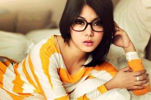 women, Black Hair, Asian, Glasses, Looking At Viewer, Lipstick, Brown Eyes, Striped Clothing