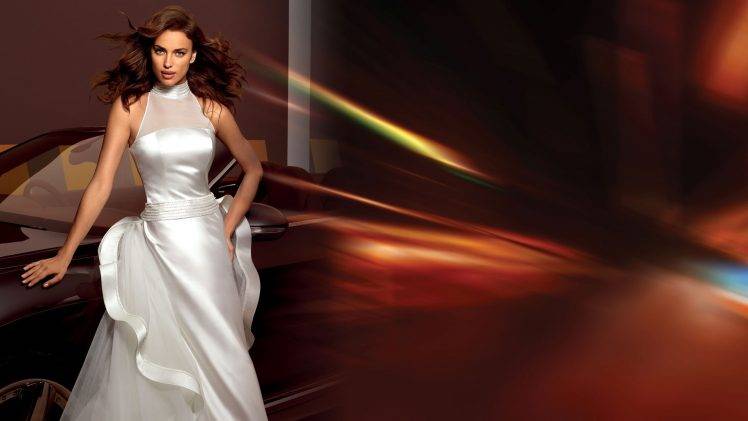 Irina Shayk, Brunette, Green Eyes, White Dress, Car HD Wallpaper Desktop Background