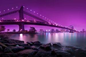 Manhattan, Brooklyn, Purple, Sea, River, Bridge, Cityscape, Night, Rock, Lights, Manhattan Bridge, New York City