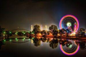 cityscape, River, Bridge, Lights, Reflection, HDR, Ferris Wheel