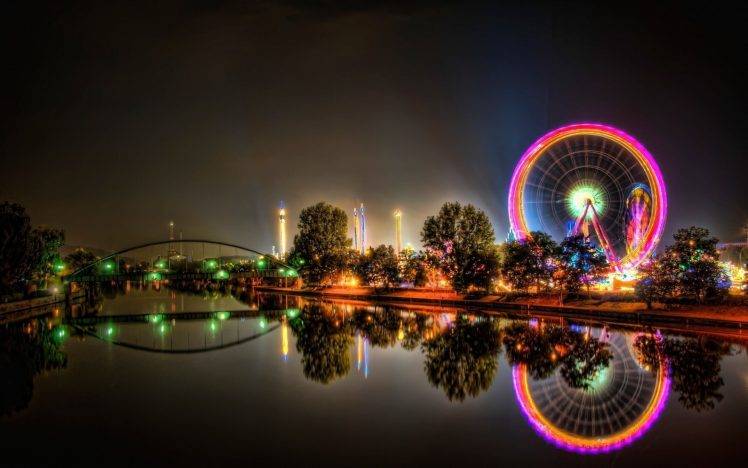 cityscape, River, Bridge, Lights, Reflection, HDR, Ferris Wheel HD Wallpaper Desktop Background