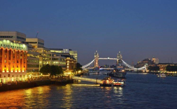 river, Cityscape, Boat, Lights, Bridge, London, England, River Thames, London Bridge HD Wallpaper Desktop Background