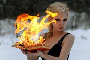 blonde, Fire, Books, Green Eyes