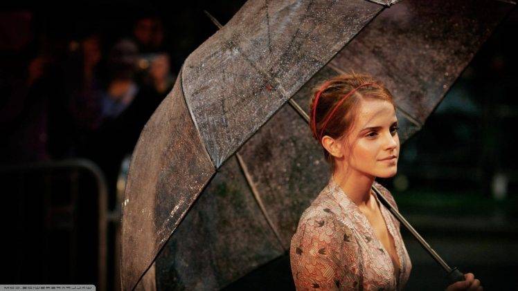 Emma Watson, Women, Umbrella, Brunette, Cleavage, Actress HD Wallpaper Desktop Background