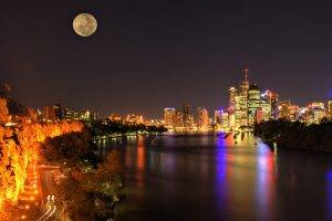 cityscape, Lights, Building, Moon, River, Australia, Brisbane
