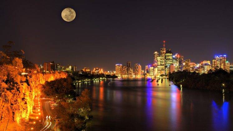 cityscape, Lights, Building, Moon, River, Australia, Brisbane HD Wallpaper Desktop Background