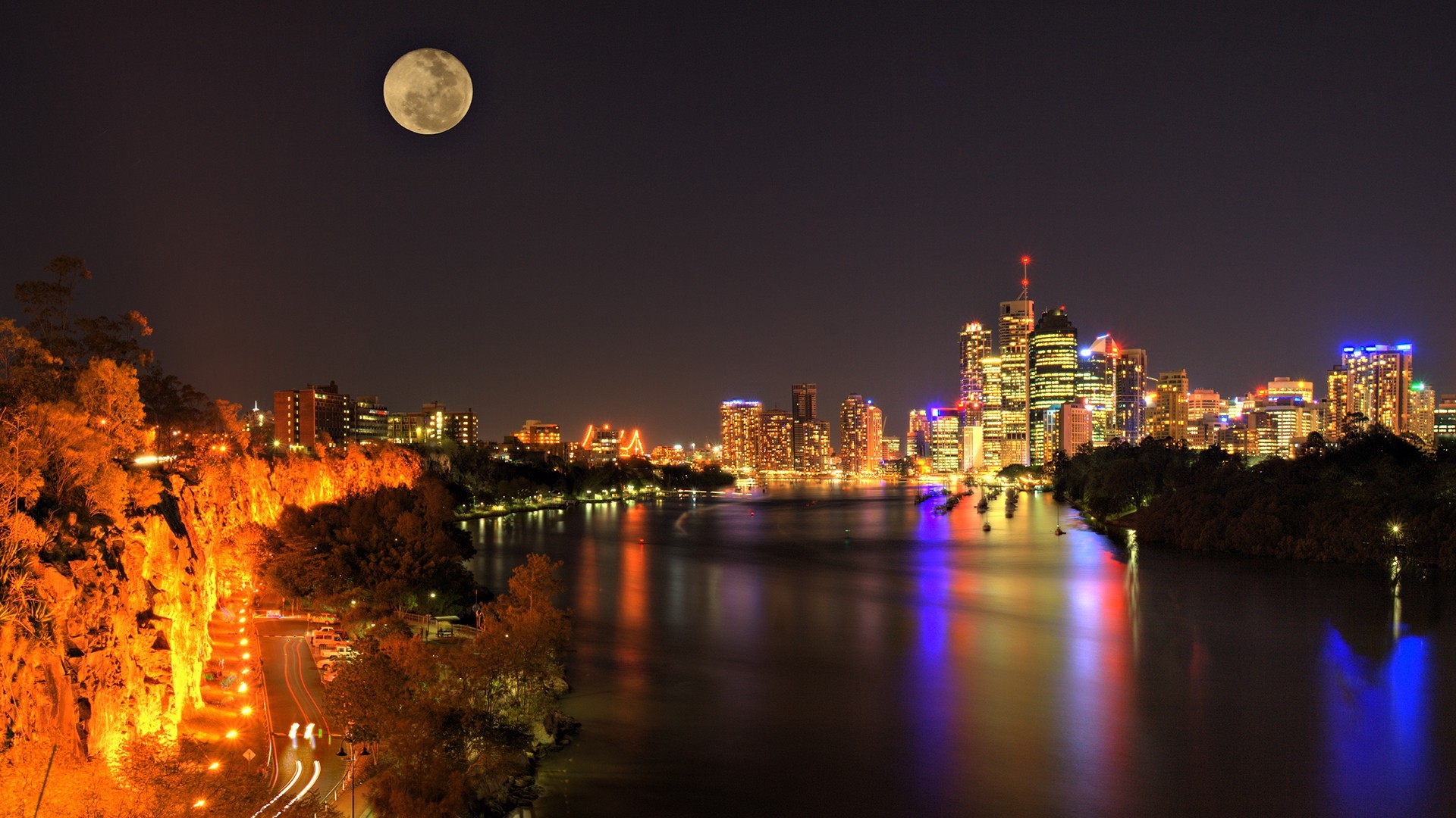 cityscape, Lights, Building, Moon, River, Australia, Brisbane Wallpaper