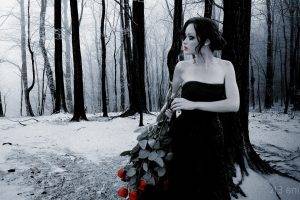 Alexis Bledel, Monochrome, Women, Rose, Forest, Winter, Snow, Dress, Photo Manipulation, Adobe Photoshop