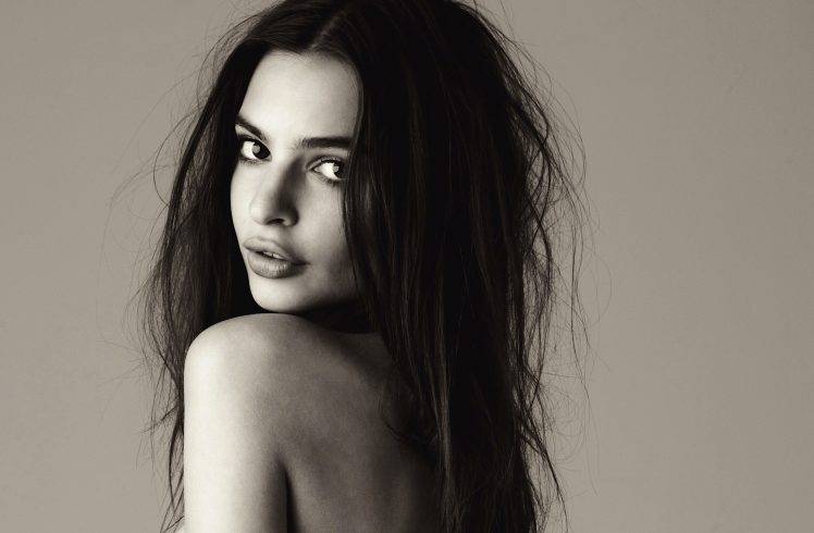Emily Ratajkowski, Women, Model, Brunette, Bare Shoulders, Simple  Background, Looking At Viewer, Long Hair, Open Mouth, Eyes Wallpapers HD /  Desktop and Mobile Backgrounds