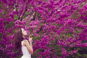 women Outdoors, Brunette, Flowers, Purple Flowers, Nature, Trees, White Dress, Women