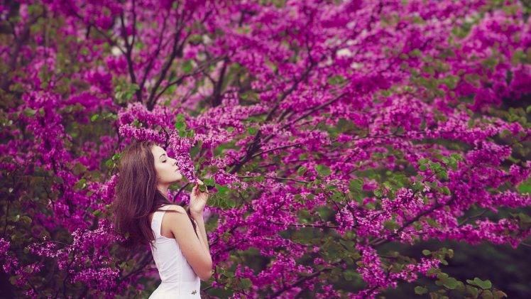 women Outdoors, Brunette, Flowers, Purple Flowers, Nature, Trees, White Dress, Women HD Wallpaper Desktop Background