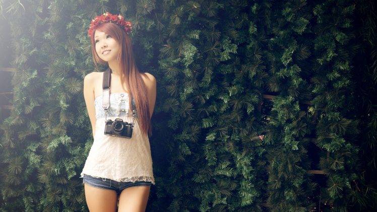 Asian, Wreaths, Hedges, Camera, Women, Jean Shorts, Brunette, Long Hair HD Wallpaper Desktop Background