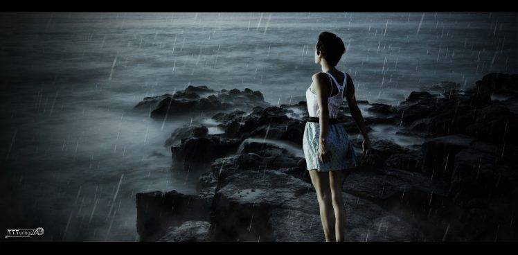 women, Sea, Rain, Gray, Photo Manipulation, Emotions, Rock, Adobe Photoshop, Nature, Death HD Wallpaper Desktop Background