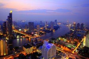 cityscape, River, Skyscraper, Lights, Thailand, Sunset