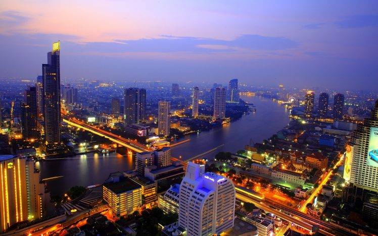 cityscape, River, Skyscraper, Lights, Thailand, Sunset HD Wallpaper Desktop Background