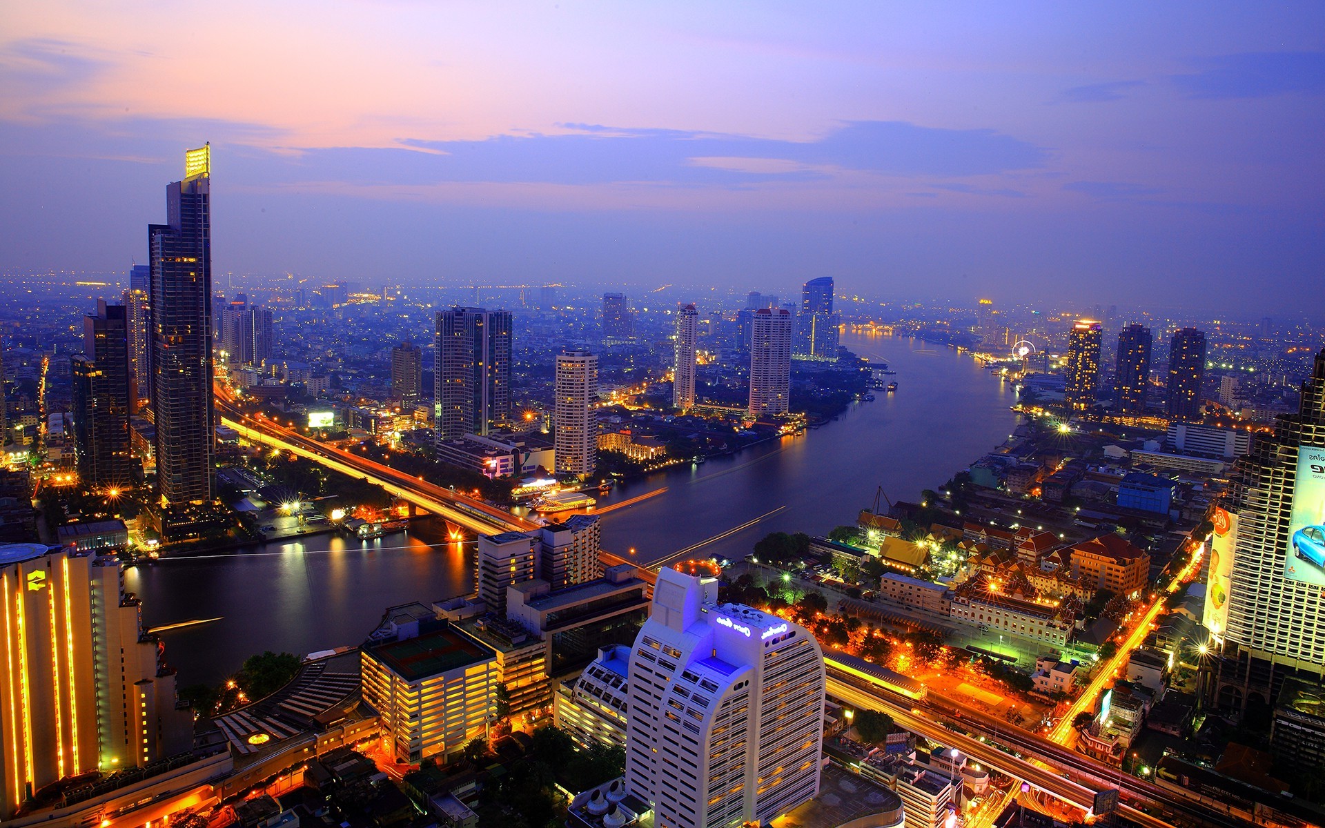 cityscape, River, Skyscraper, Lights, Thailand, Sunset Wallpaper