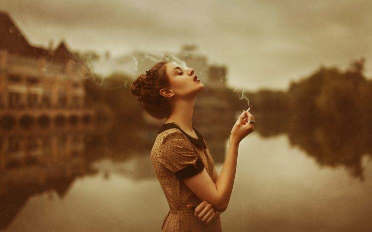 smoking, Women Outdoors, Polka Dots, Cigarettes, Closed Eyes, Looking Up, Hair Bun, Women, Sepia, Arms On Chest HD Wallpaper Desktop Background