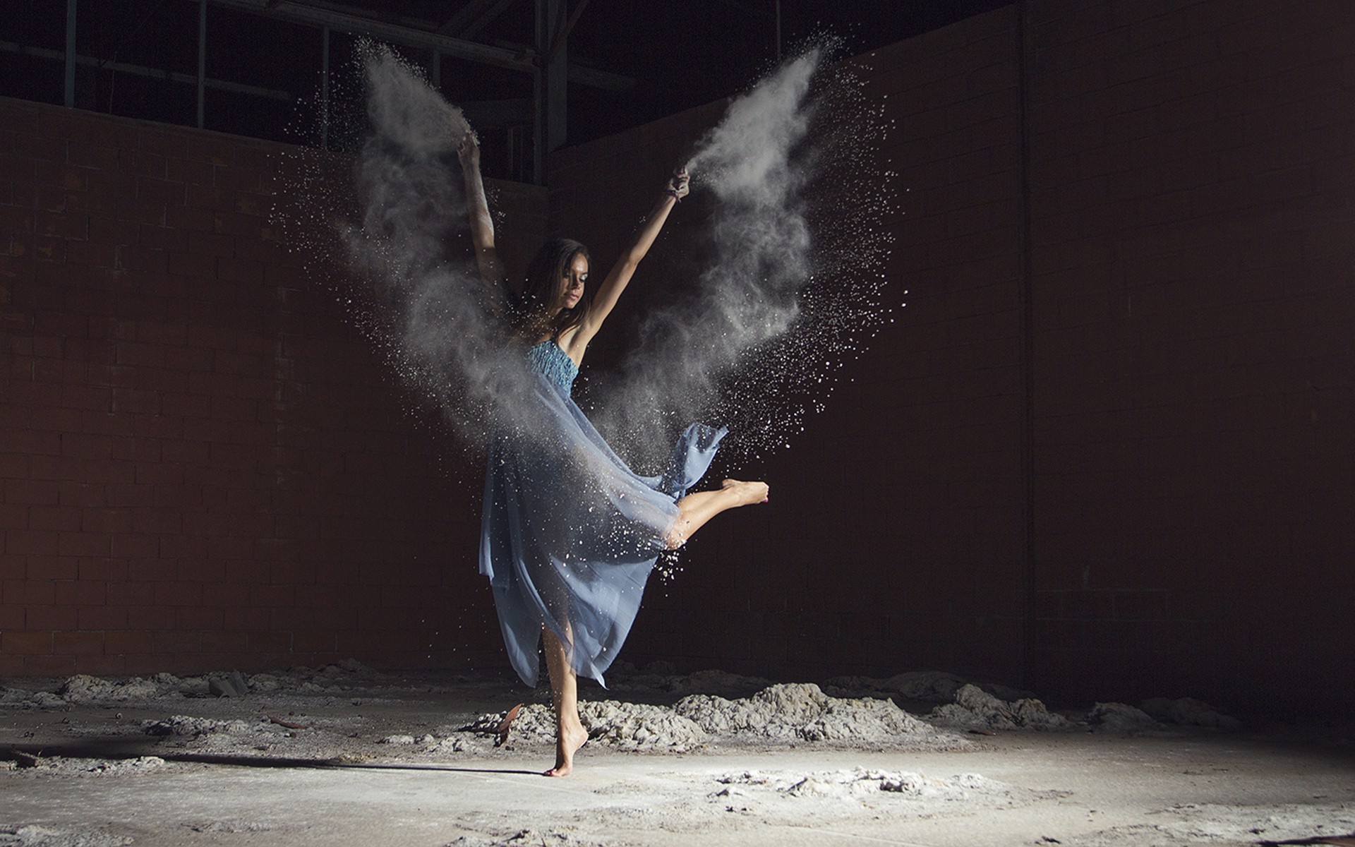 dust, Dancers, Blue Dress, Brunette, Barefoot, Arms Up, Abandoned, Bricks Wallpaper