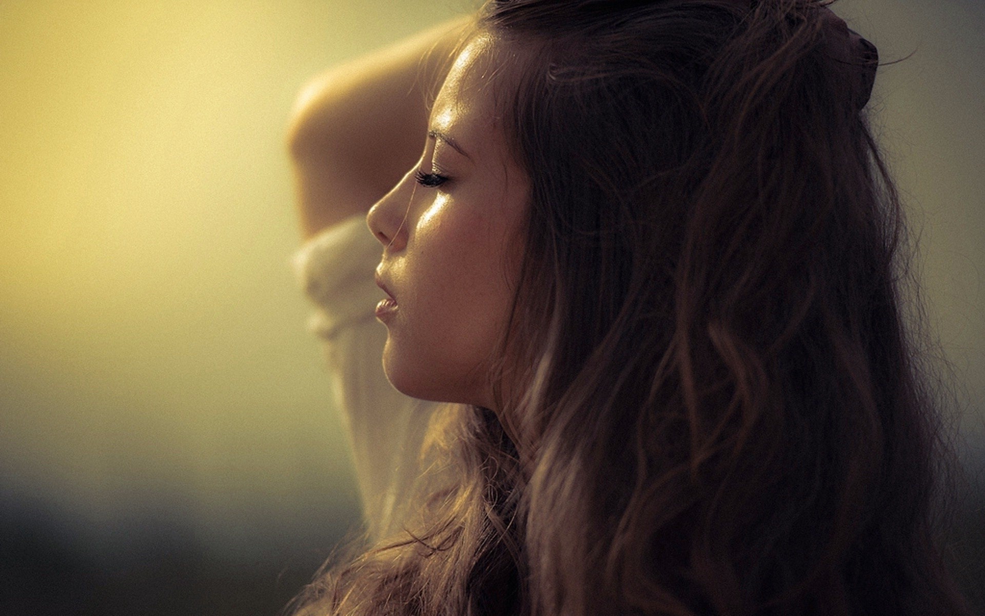 women, Brunette, Face, Closed Eyes, Wavy Hair Wallpaper