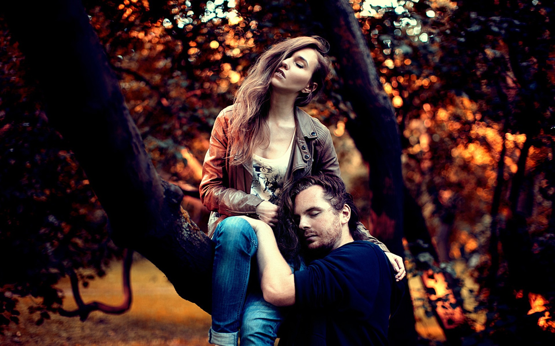 couple, Trees, Hair In Face, Closed Eyes, Bokeh Wallpaper