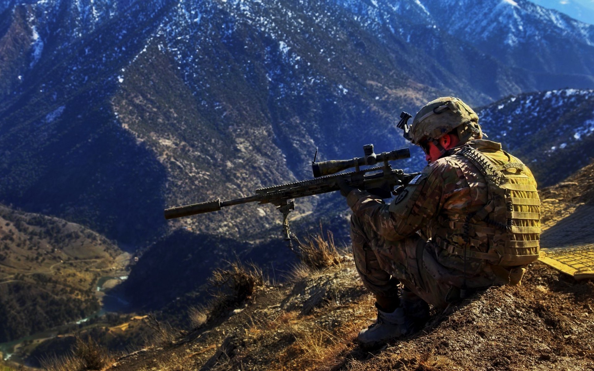 sniper Rifle, Mountains Wallpaper