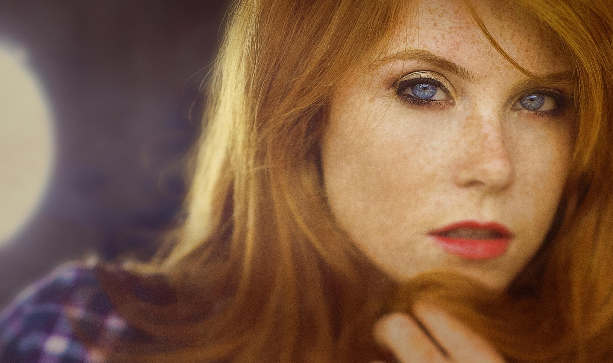 Redhead Freckles Vanessa Women Face Blue Eyes Depth Of Field