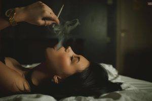 smoking, Women, Model, Brunette, Black Bras, Cleavage, In Bed, Aleksandr Mavrin