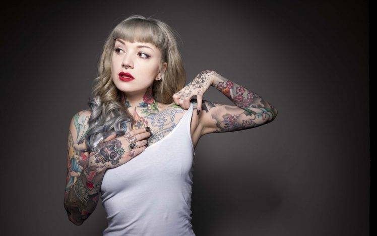 armpits, Women, Blonde, Red Lipstick, Piercing, Nina Kate HD Wallpaper Desktop Background