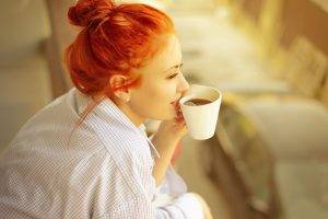 women, Redhead, Coffee, Cup, Hair Bun