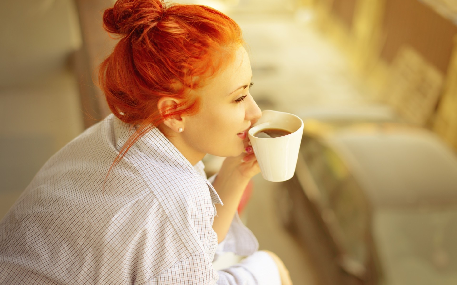 women, Redhead, Coffee, Cup, Hair Bun Wallpaper