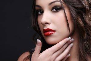 model, Simple Background, Women, Brunette, Dark Eyes, Face, Red Lipstick