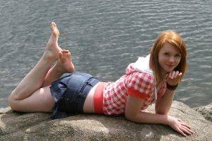 model, Simple Background, Women, Redhead, Feet
