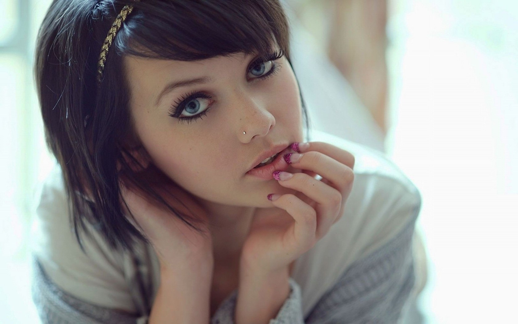 model, Fox Girl, Simple Background, Melissa Clarke, Pierced Nose, Blue Eyes, Finger On Lips, Brunette Wallpaper