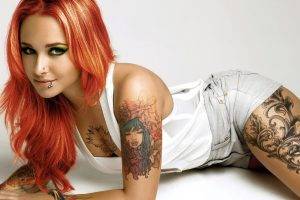 redhead, Tattoo, Piercing, Makeup, Curly Hair, Photoshopped