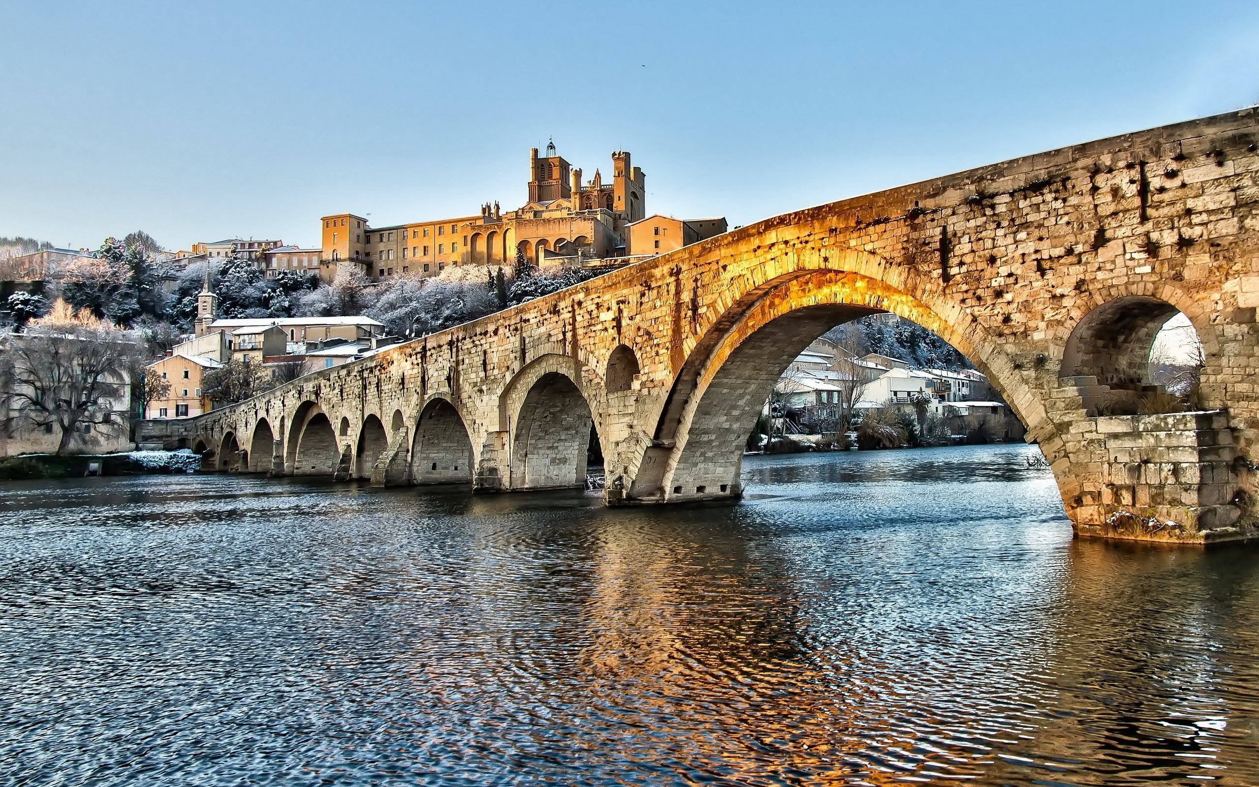 cityscape, Building, Bridge, River, Snow, HDR Wallpaper