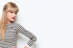 Taylor Swift, Celebrity, Blonde, Singer, Striped Clothing, Red Lipstick, White Background, Hands On Hips