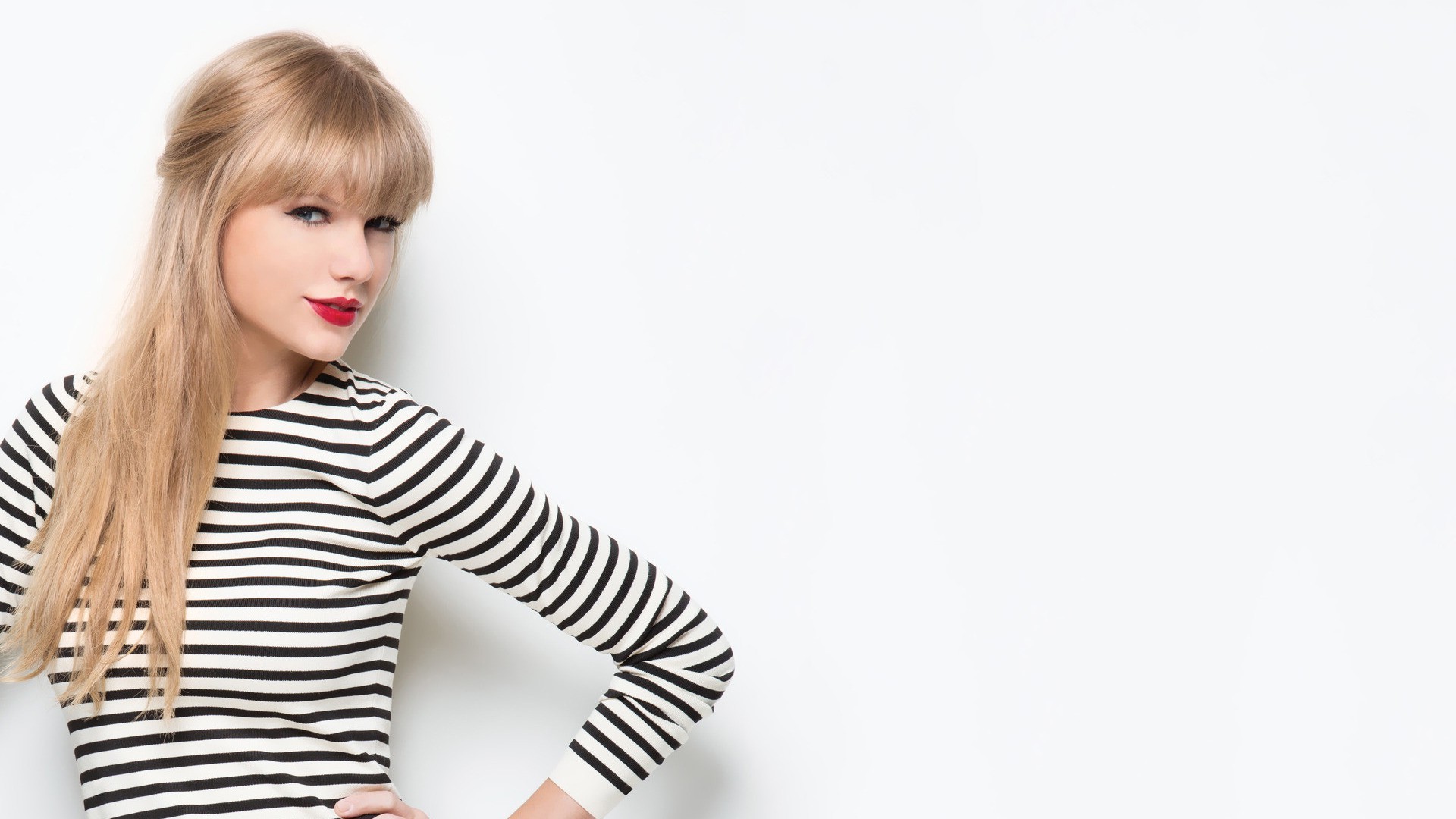 Taylor Swift, Celebrity, Blonde, Singer, Striped Clothing, Red Lipstick, White Background, Hands On Hips Wallpaper