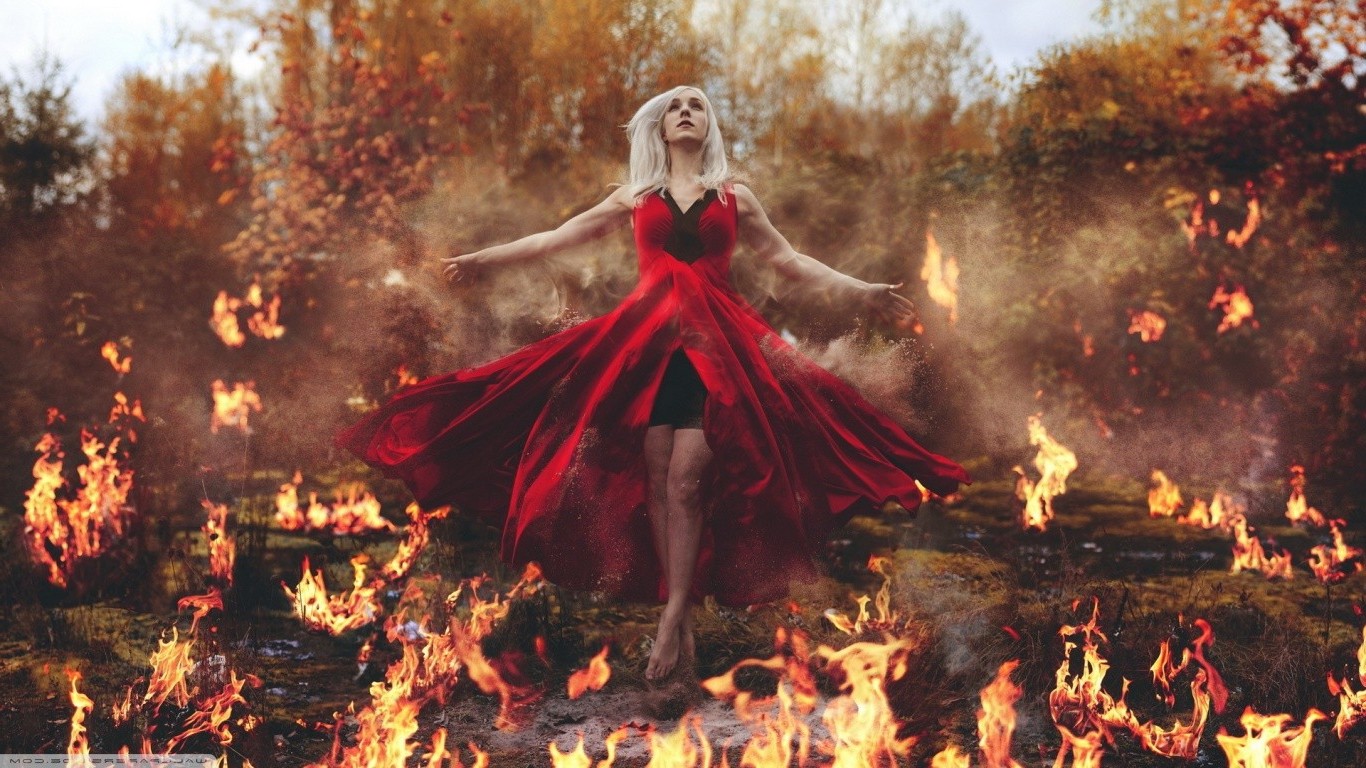 red Dress, Fire, Blonde Wallpaper