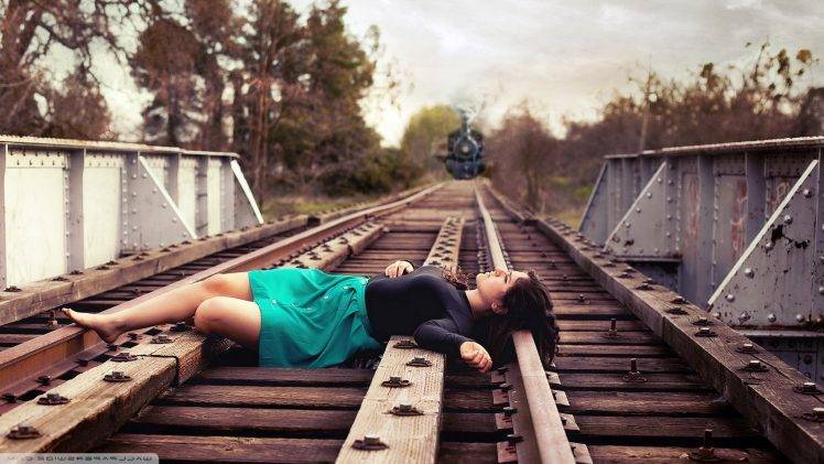 Suicide Girls, Lying Down, Train, Women, Railway, Skirt HD Wallpaper Desktop Background