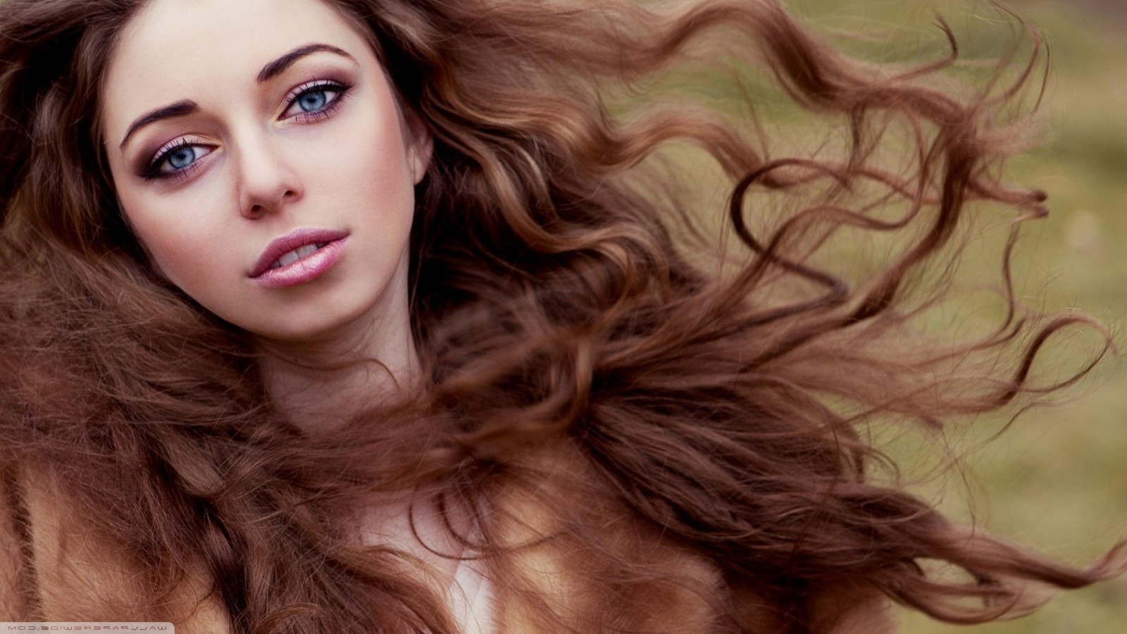 model, Long Hair, Blue Eyes, Curly Hair, Windy Wallpaper