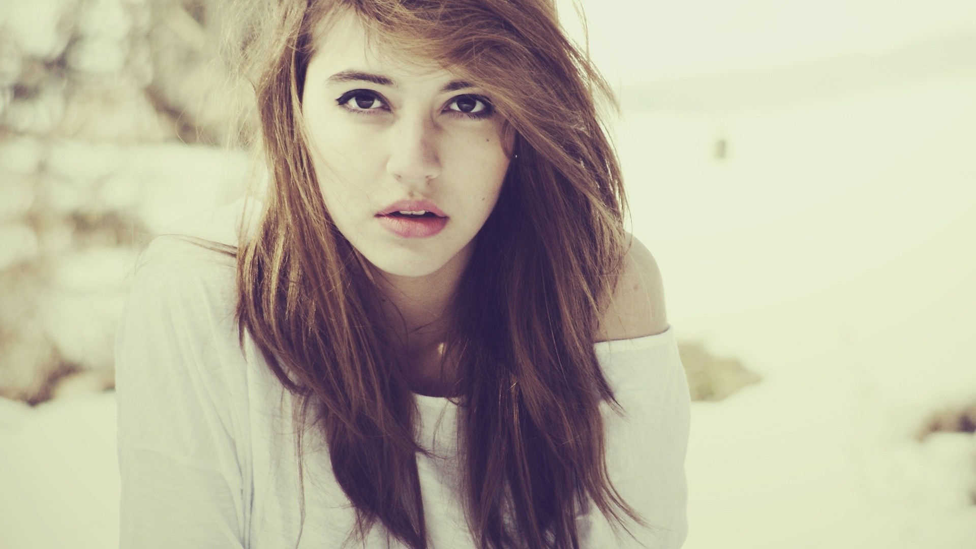 face, Women, Brunette, Brown Eyes, Portrait, White Tops Wallpaper