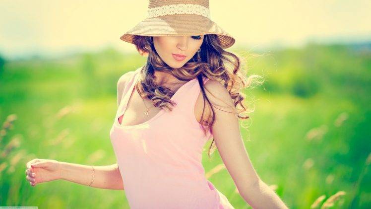 women, Model, Brunette, Wavy Hair, Pink Tops HD Wallpaper Desktop Background