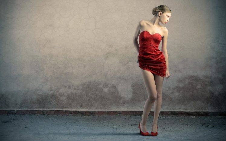 women, Red Dress, High Heels, Brunette, Simple Background HD Wallpaper Desktop Background