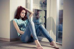 jeans, Barefoot, Redhead, Hands On Head
